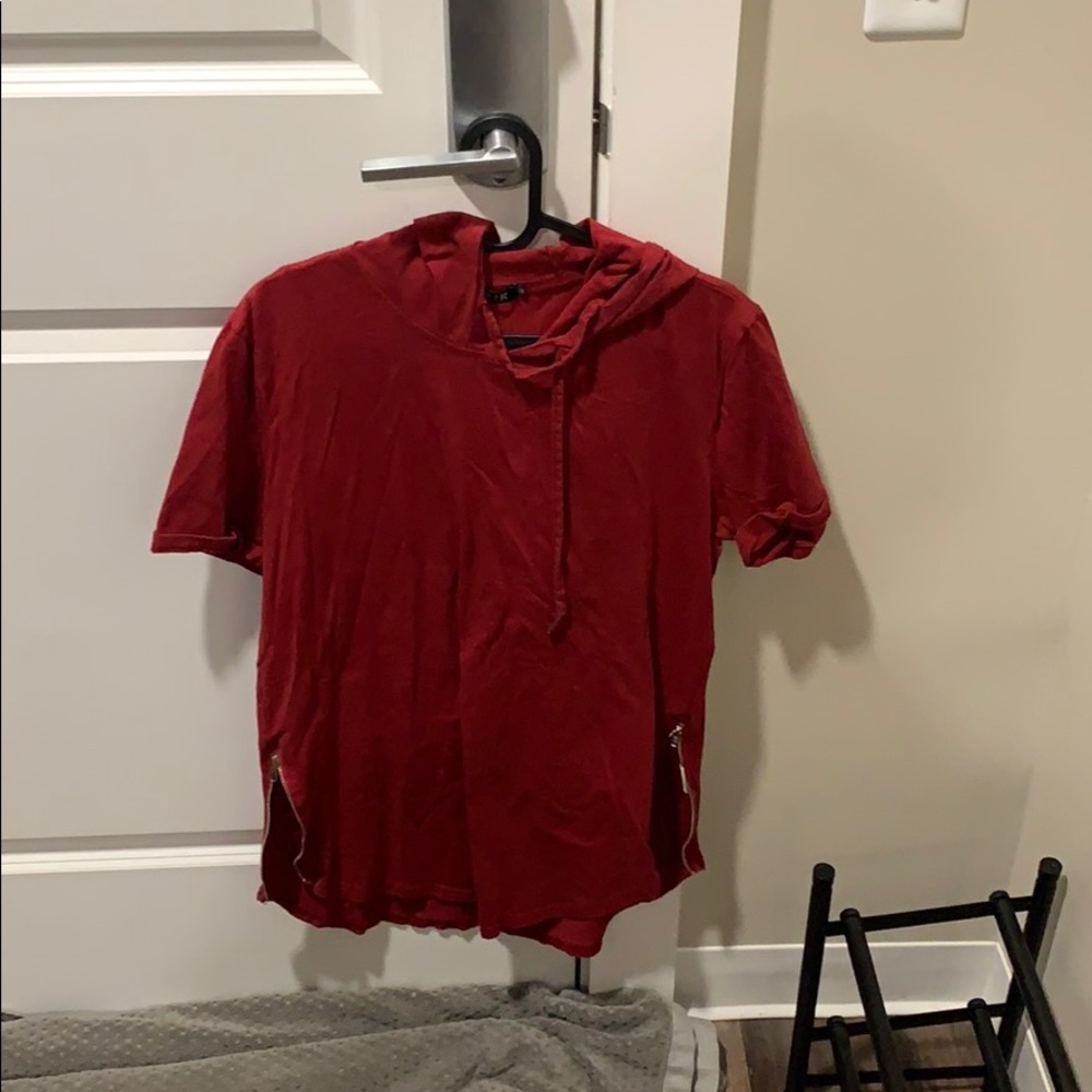 Red short sleeve hoodie with zip up sides